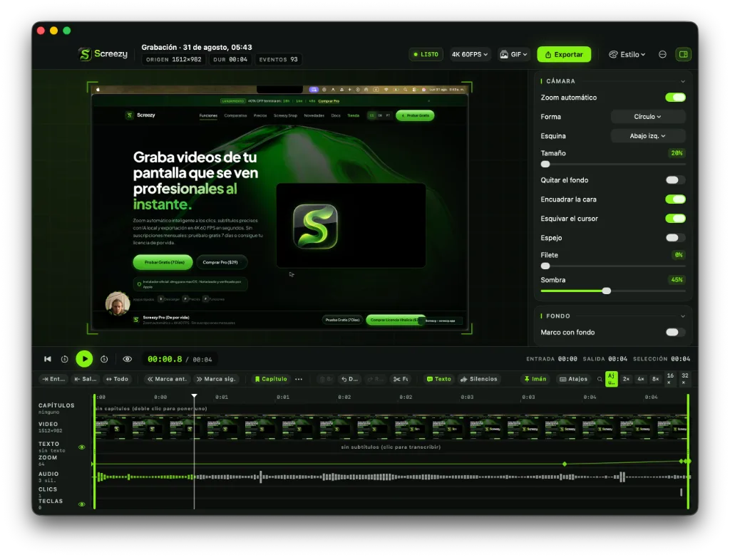 Screezy Estudio de Edición — Timeline multipista y zoom automático en macOS